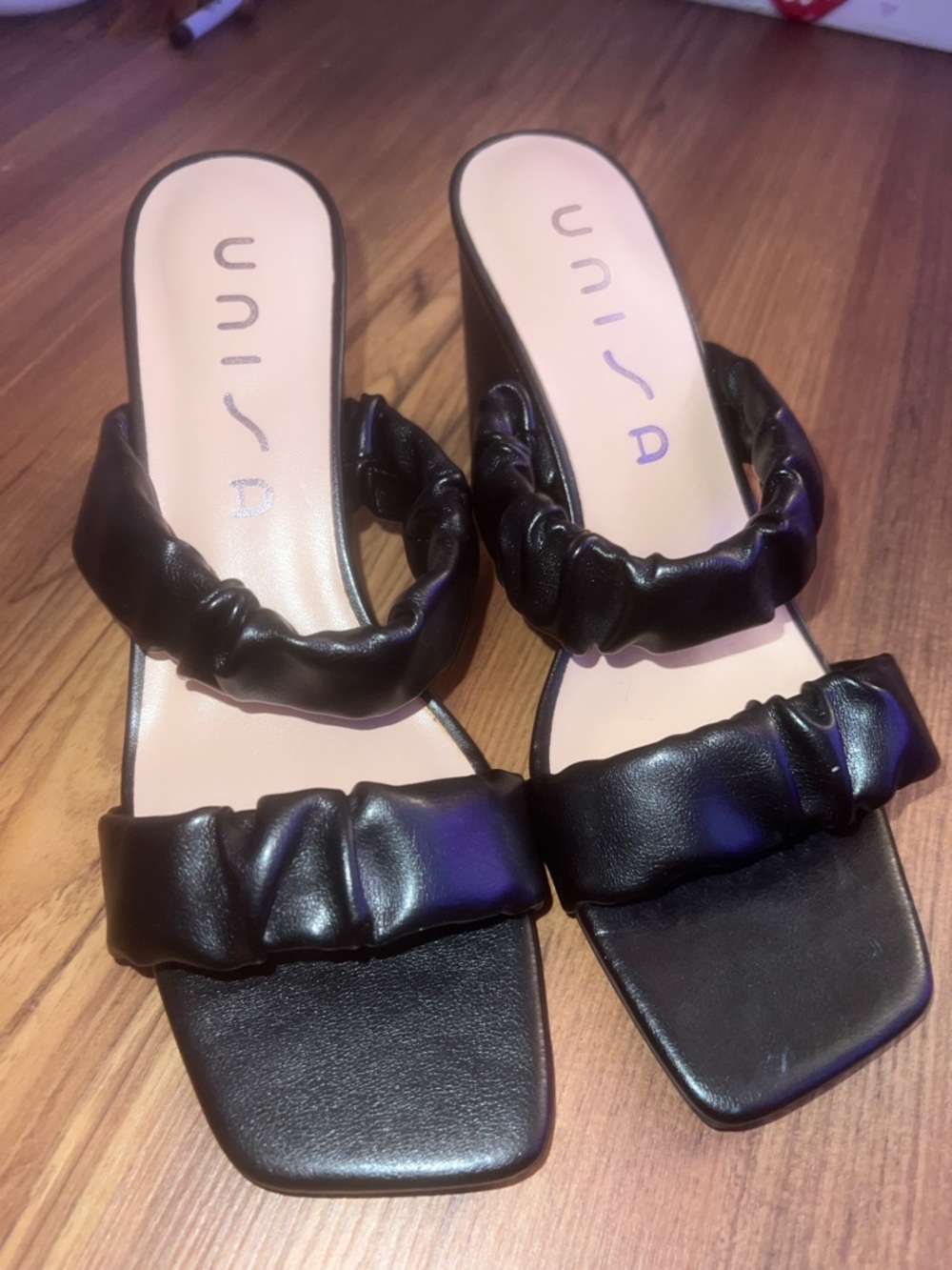 Unisa Black Ruched Double-Strap Slide Mules